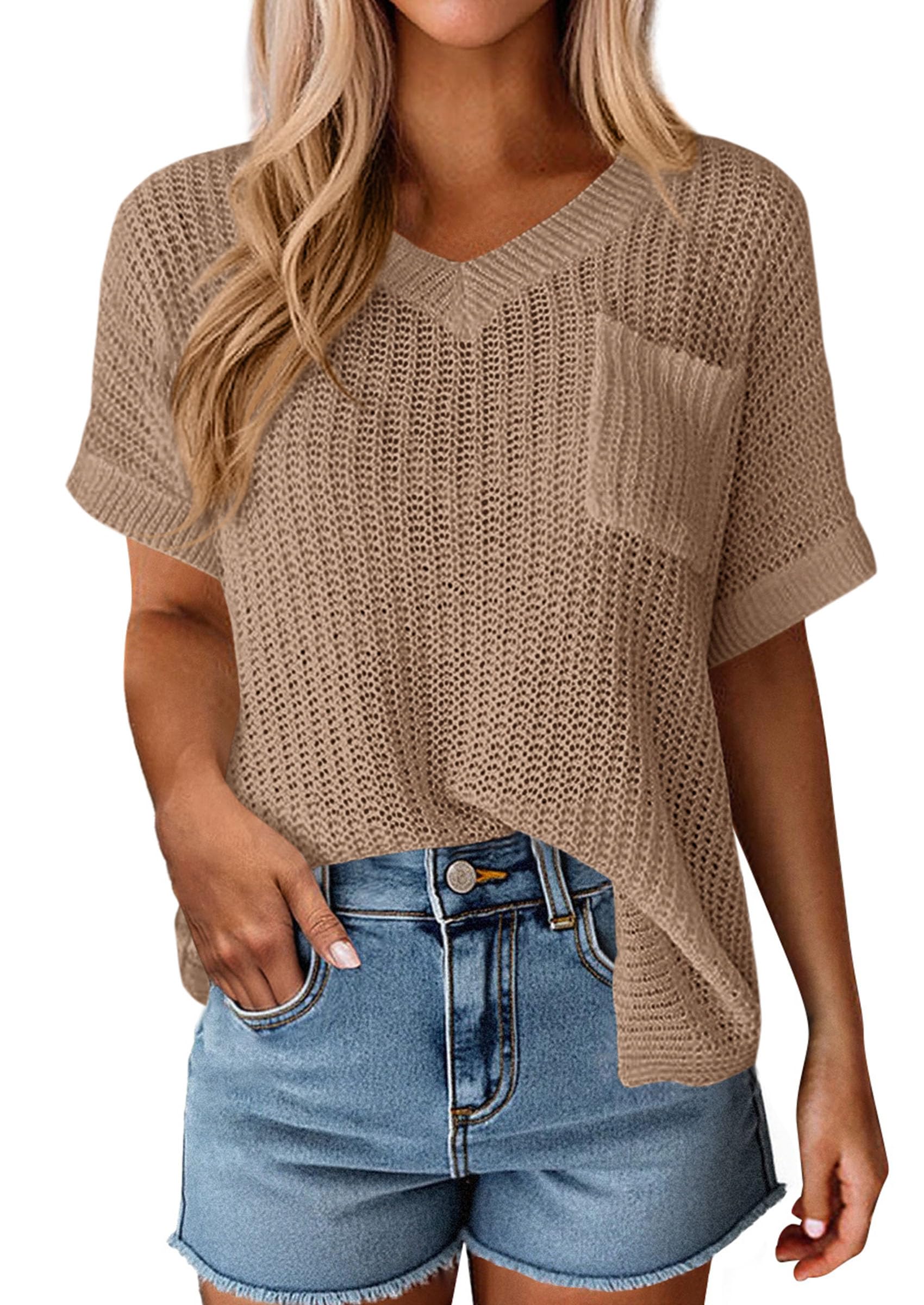 PRETTYGARDEN Women's Spring Short Sleeve Sweaters Lightweight V Neck Casual Going Out Summer T PRETTYGARDEN