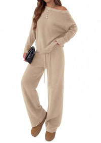PRETTYGARDEN Lounge Sets Womens Two Piece Outfits  Cozy Boat Neck Long Sleeve , Wide Leg Pants with Drawstring, Casual Fall Fashion 2026 Airport & Travel, Knit Matching Set