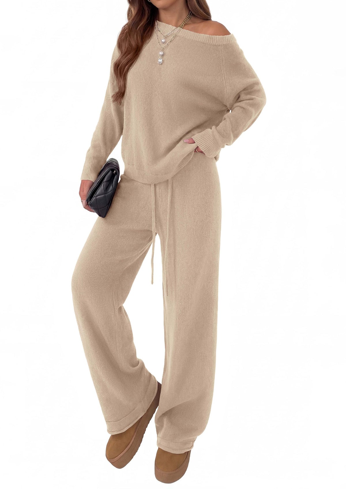 PRETTYGARDEN Lounge Sets Womens Two Piece Outfits  Cozy Boat Neck Long Sleeve , Wide Leg Pants with Drawstring, Casual Fall Fashion 2026 Airport & Travel, Knit Matching Set