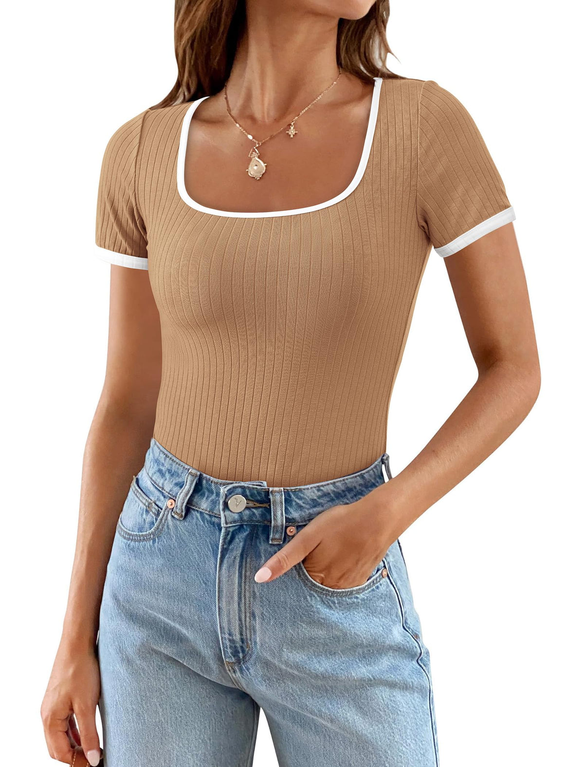 Summer Casual Short Sleeve Ribbed Knit Square Neck Color Block Slim Fit Basic Crop Tops