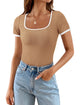 Summer Casual Short Sleeve Ribbed Knit Square Neck Color Block Slim Fit Basic Crop Tops