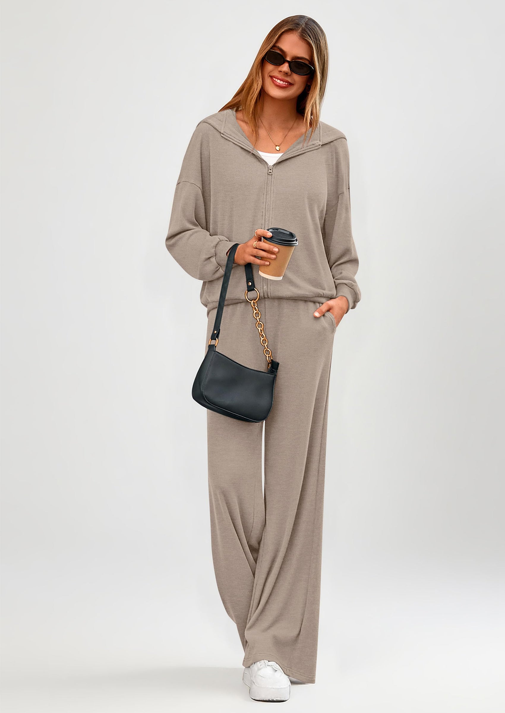 PRETTYGARDEN Women's 2 Piece Fall Lounge Sets Zip Up Hoodie Wide Leg Pants Tracksuit Matching Travel Outfits Clothes