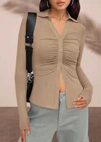 PRETTYGARDEN Womens Button Down Shirts V Neck Collared Ruched Slim Fit Long Sleeve Shirt Casual Fall Fashion Ladies Tops PRETTYGARDEN