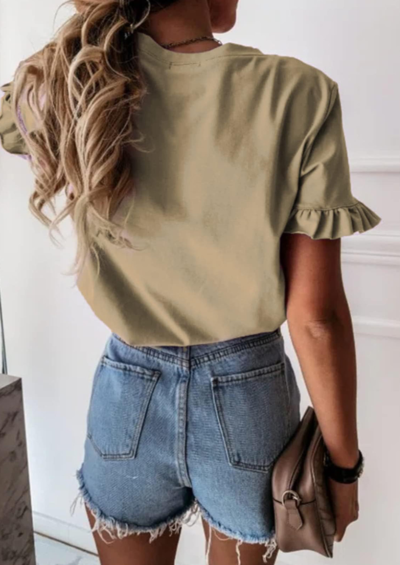 PRETTYGARDEN Women's Short Sleeve Casual T Shirts Summer Ruffle Plain Round Neck Loose Fit Tee Blouse Tops