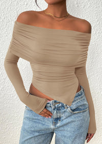 PRETTYGARDEN Women's Long Sleeve Shirts Off Shoulder Tops Going Out Slim Fitted Y2K Blouses Fall Fashion Clothes