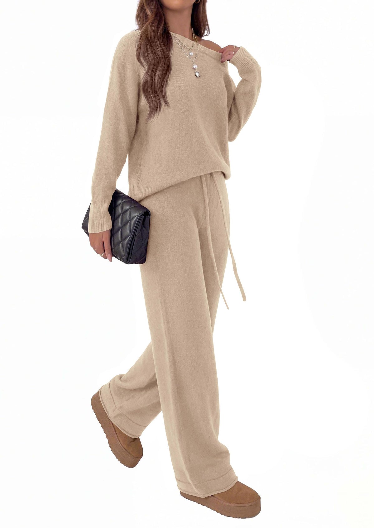 PRETTYGARDEN Lounge Sets Womens Two Piece Outfits  Cozy Boat Neck Long Sleeve , Wide Leg Pants with Drawstring, Casual Fall Fashion 2026 Airport & Travel, Knit Matching Set
