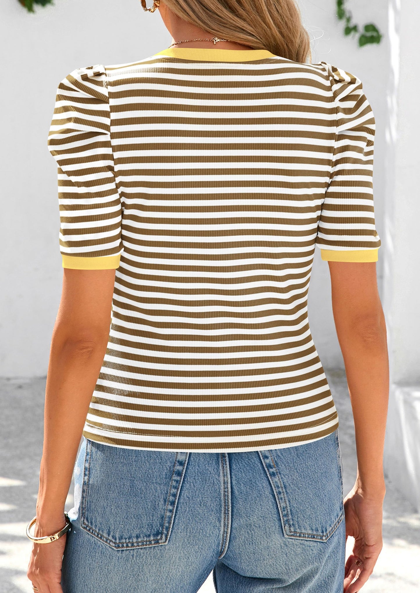 Women's Summer Puff Sleeve Tops Casual Ribbed Knit Color Block T Shirts Trendy Striped Pullover Tops