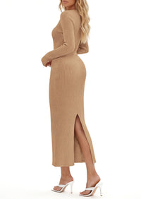 PRETTYGARDEN Women's Long Sleeve Bodycon Maxi Sweater Dress | Stretchy Rib Knit,Metal Buckle Waist,Back Slit,Work Cocktail Holiday Party Outfits,Fall Winter Winter Wedding Guest Dresses