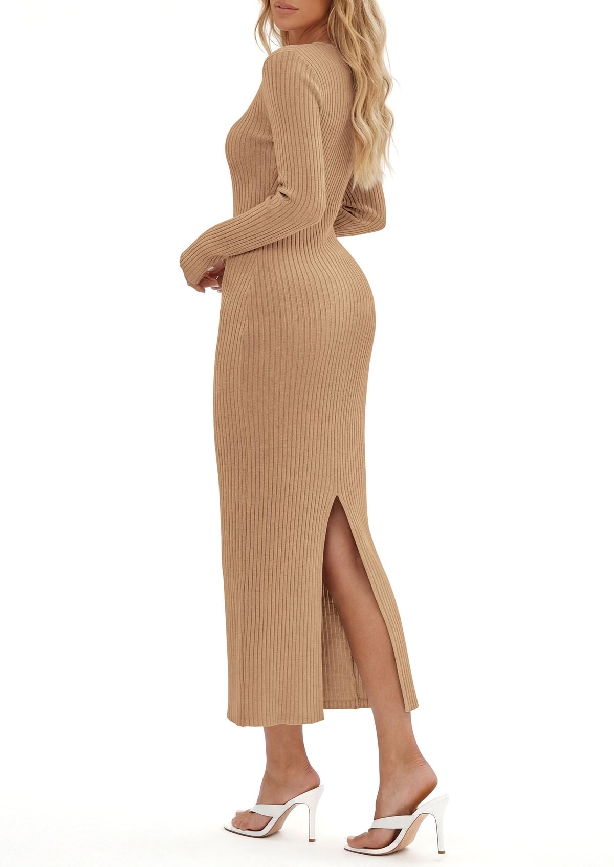 PRETTYGARDEN Women's Long Sleeve Bodycon Maxi Sweater Dress | Stretchy Rib Knit,Metal Buckle Waist,Back Slit,Work Cocktail Holiday Party Outfits,Fall Winter Winter Wedding Guest Dresses