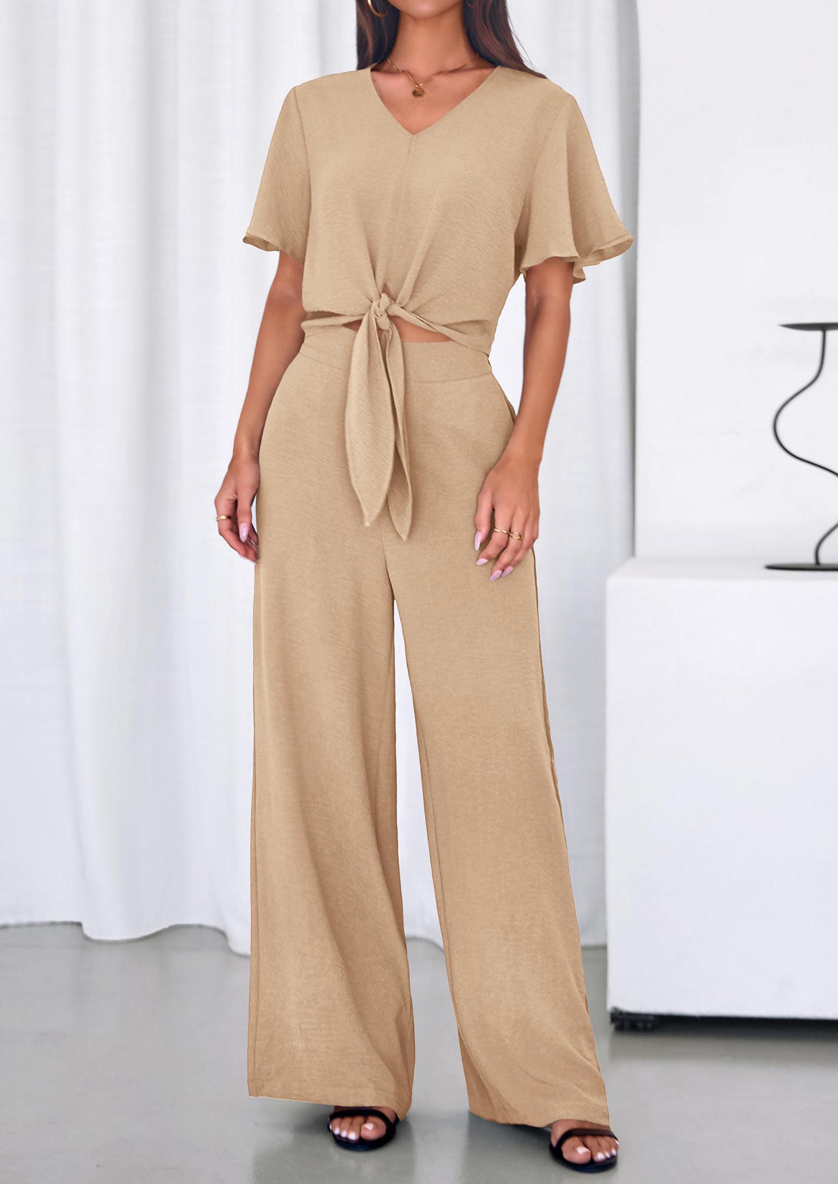 PRETTYGARDEN Women 2 Piece Summer Outfits Short Sleeve Strappy Top Wide Leg Pants Tracksuit Lounge Sets Beach Clothes PRETTYGARDEN