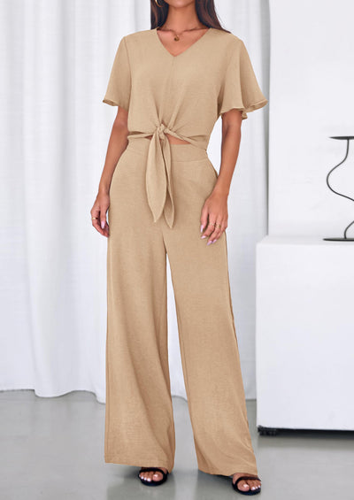 PRETTYGARDEN Women 2 Piece Summer Outfits Short Sleeve Strappy Top Wide Leg Pants Tracksuit Lounge Sets Beach Clothes PRETTYGARDEN