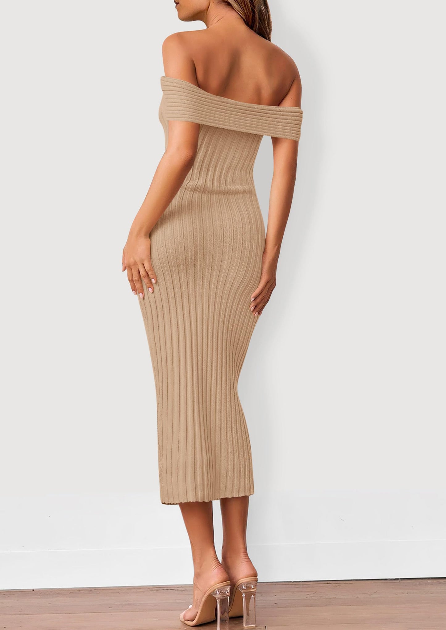 Women's Off The Shoulder Sweater Dresses 2025 Summer Elegant Ribbed Knit Midi Bodycon Wedding Guest Dress