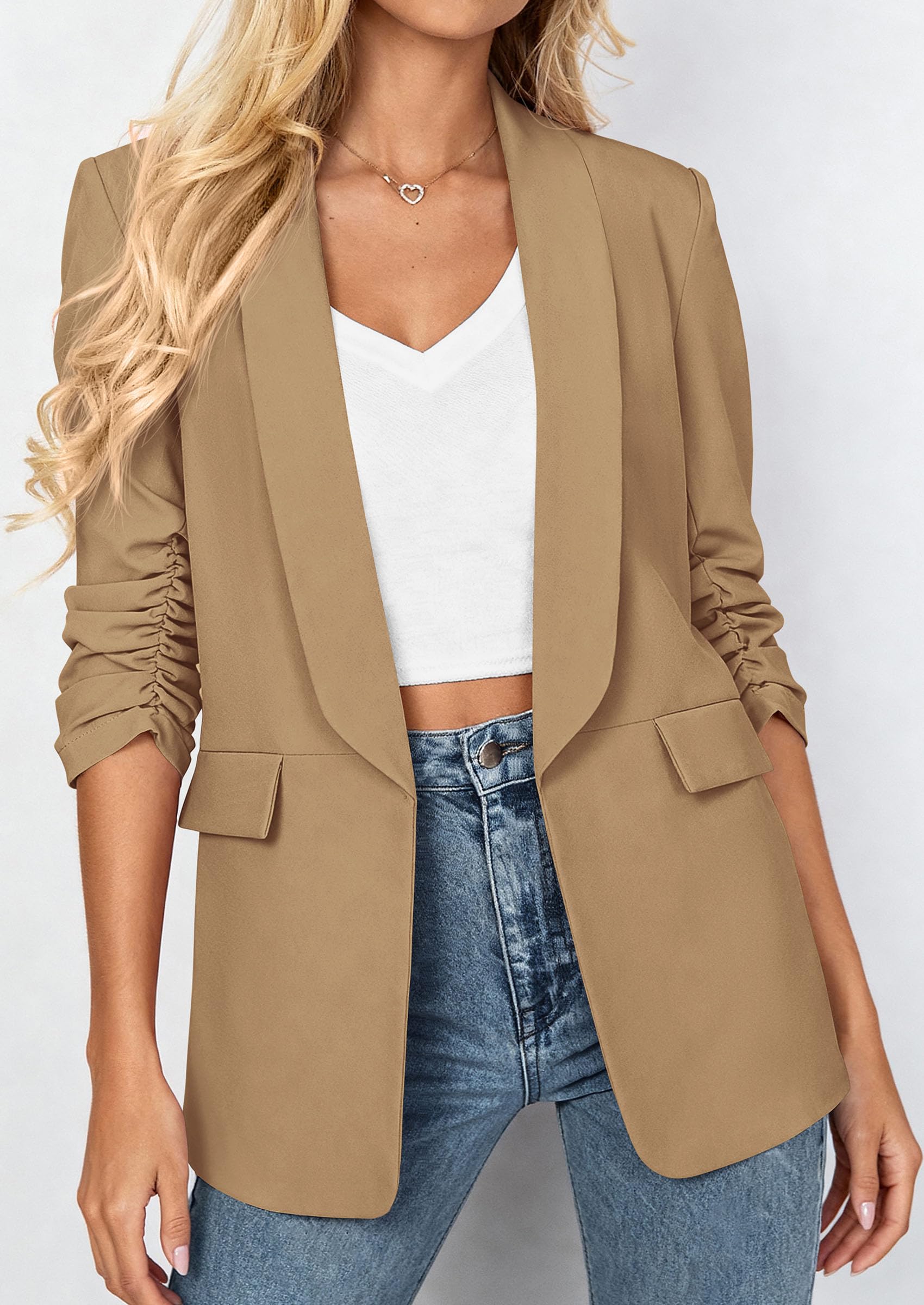 PRETTYGARDEN Women's Spring Blazers Business Casual Outfits Open Front Ruched 3/4 Sleeve Lightweight Work Suits Jackets PRETTYGARDEN