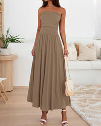 BTFBM Summer Maxi Dresses for Women Strapless Ruched Tube Top Beach Vacation Spring Wedding Guest Dress Pockets PRETTYGARDEN