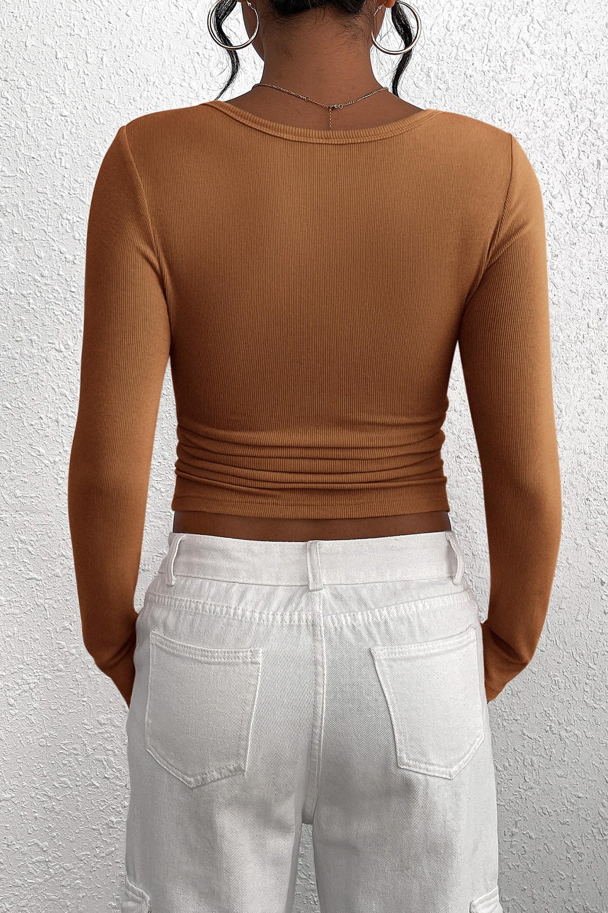 Long Sleeve Henley Button Down Ribbed Knit Slim Fit Blouse