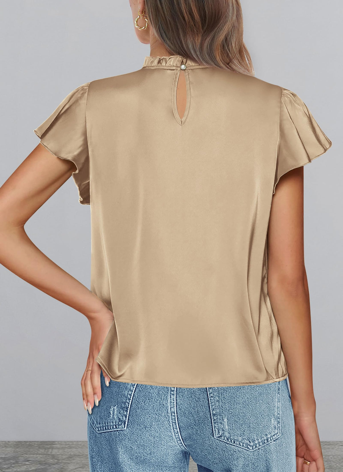 Summer Satin Blouse Shirt Dressy Casual Ruffle Short Sleeve Crewneck Work Party Tops