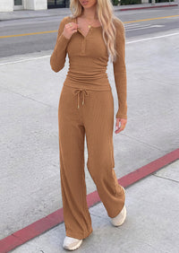 PRETTYGARDEN Two Piece Lounge Sets for Women Fall Fashion,Long Sleeve Henley,High Waisted Wide Leg Pants,Matching Holiday Vacation,Airport Travel Outfits