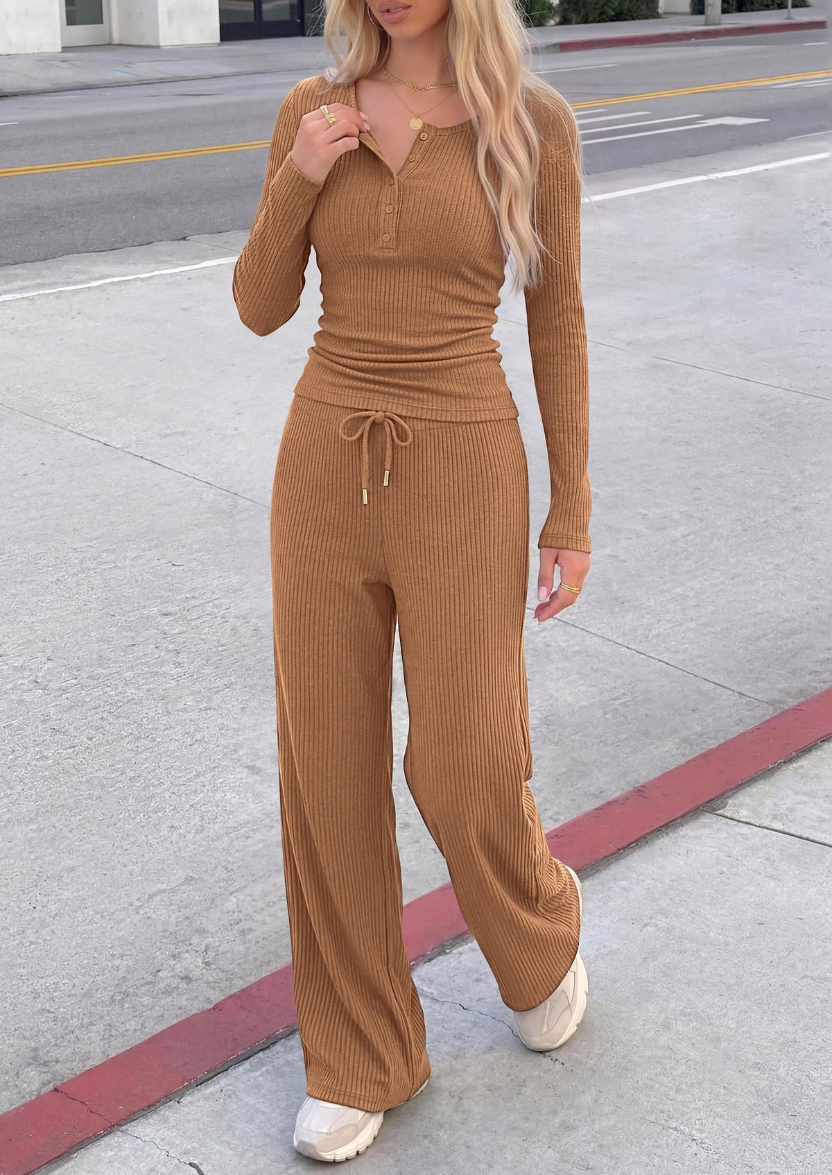 PRETTYGARDEN Two Piece Lounge Sets for Women Fall Fashion,Long Sleeve Henley,High Waisted Wide Leg Pants,Matching Holiday Vacation,Airport Travel Outfits