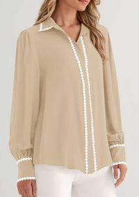 PRETTYGARDEN Womens Long Sleeve Button Down Shirts Trendy V Neck Loose Fit Fall Tops Collared Dressy Casual Blouses