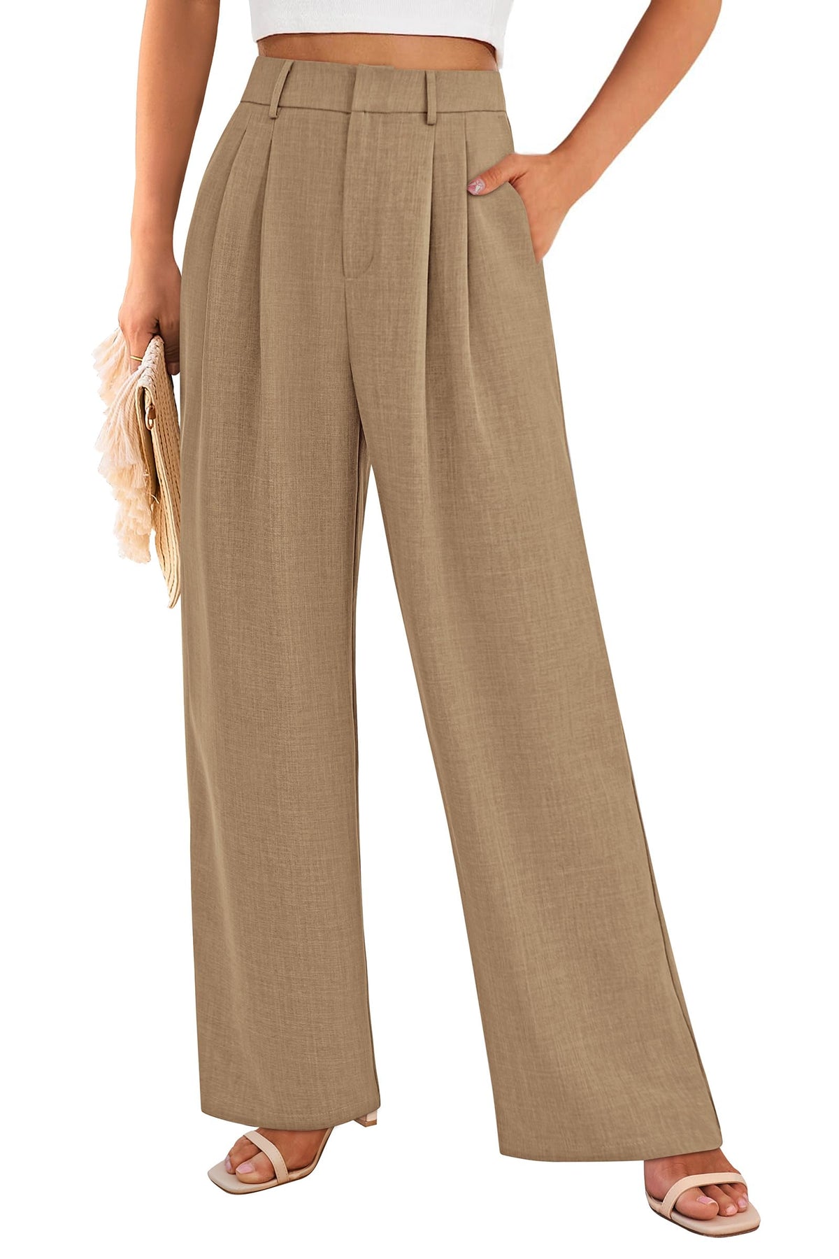 Elastic High Waisted Straight Leg Business Trousers Slacks With Pockets