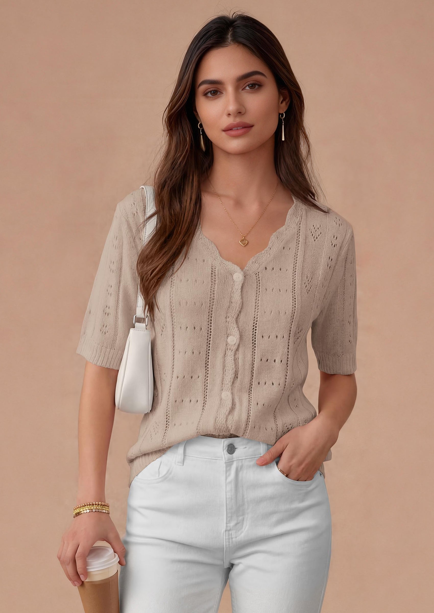 PRETTYGARDEN Womens Short Sleeve Crochet Knit Sweater Spring Fashion Button Down Lightweight Cardigans Summer Tops PRETTYGARDEN