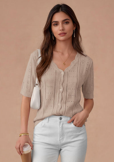 PRETTYGARDEN Womens Short Sleeve Crochet Knit Sweater Spring Fashion Button Down Lightweight Cardigans Summer Tops PRETTYGARDEN