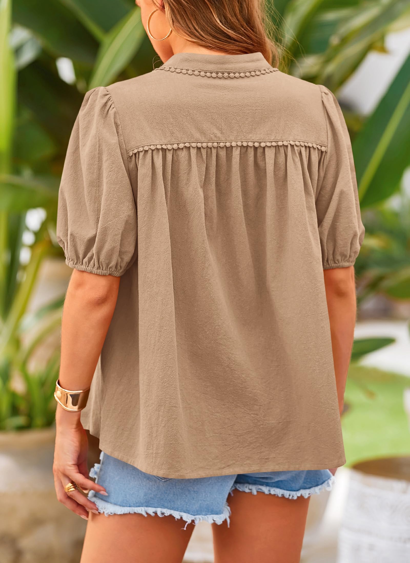 PRETTYGARDEN Women's Summer Tops Button Down Shirts Short Lantern Sleeve V Neck Cotton Cute Dressy Casual Blouses