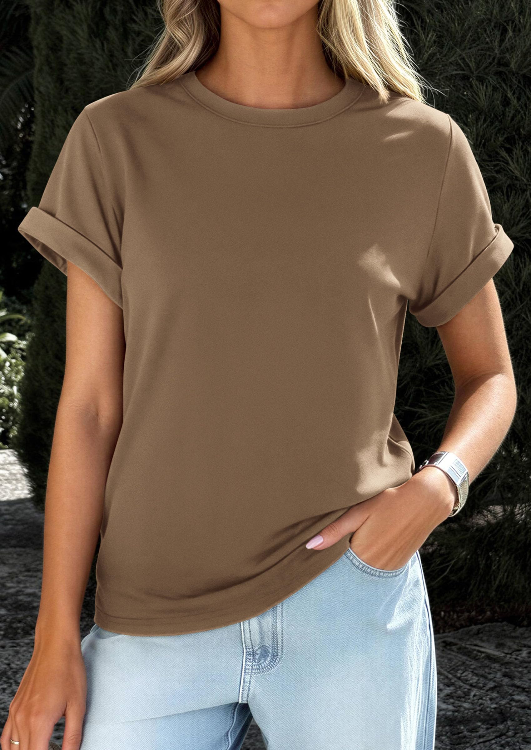 PRETTYGARDEN Womens Summer Tops Spring Casual Rolled Short Sleeve Basic Tees Crew Neck Work Shirts Fashion Clothing PRETTYGARDEN