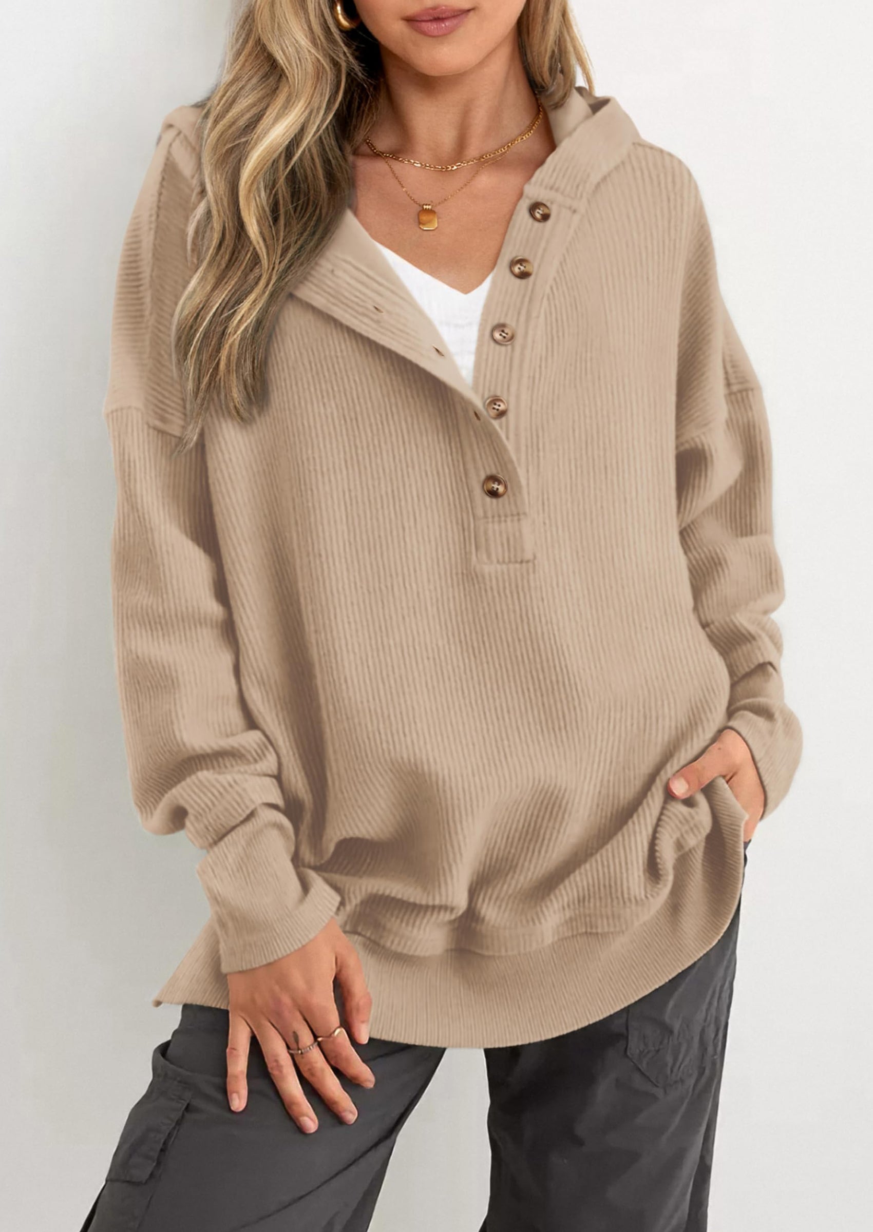 PRETTYGARDEN Womens Fashion Oversized Long Sleeve Hoodie Button Down V Neck Sweatshirt Side Slit Casual Pullover Tops