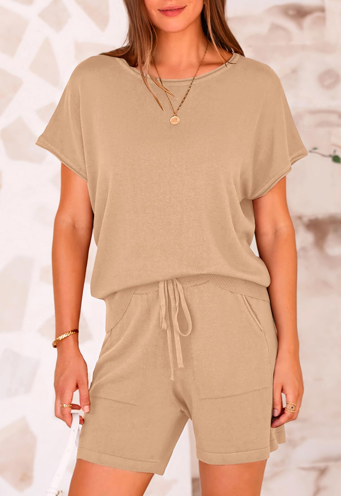 PRETTYGARDEN Two Piece Set for Women Summer Lounge Sets Shorts And Short Sleeve Tops Knitted Matching Travel Spring Outfits PRETTYGARDEN