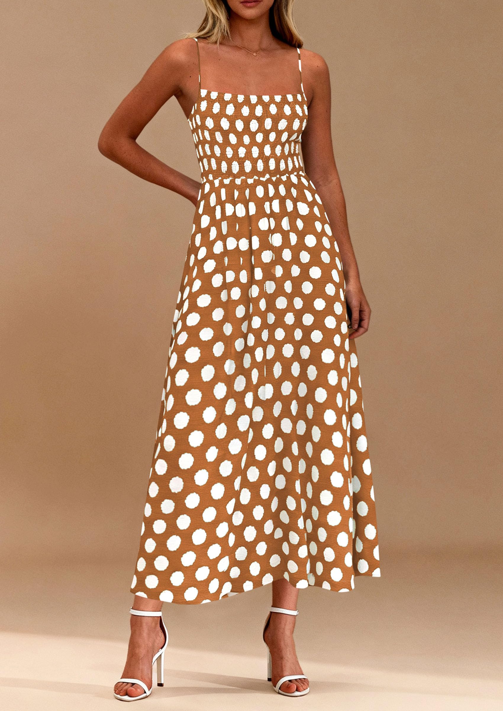 PRETTYGARDEN Womens Summer Dresses Spring Sleeveless Spaghetti Straps Casual Midi Dress Polka Dot Smocked Beach Sundress PRETTYGARDEN