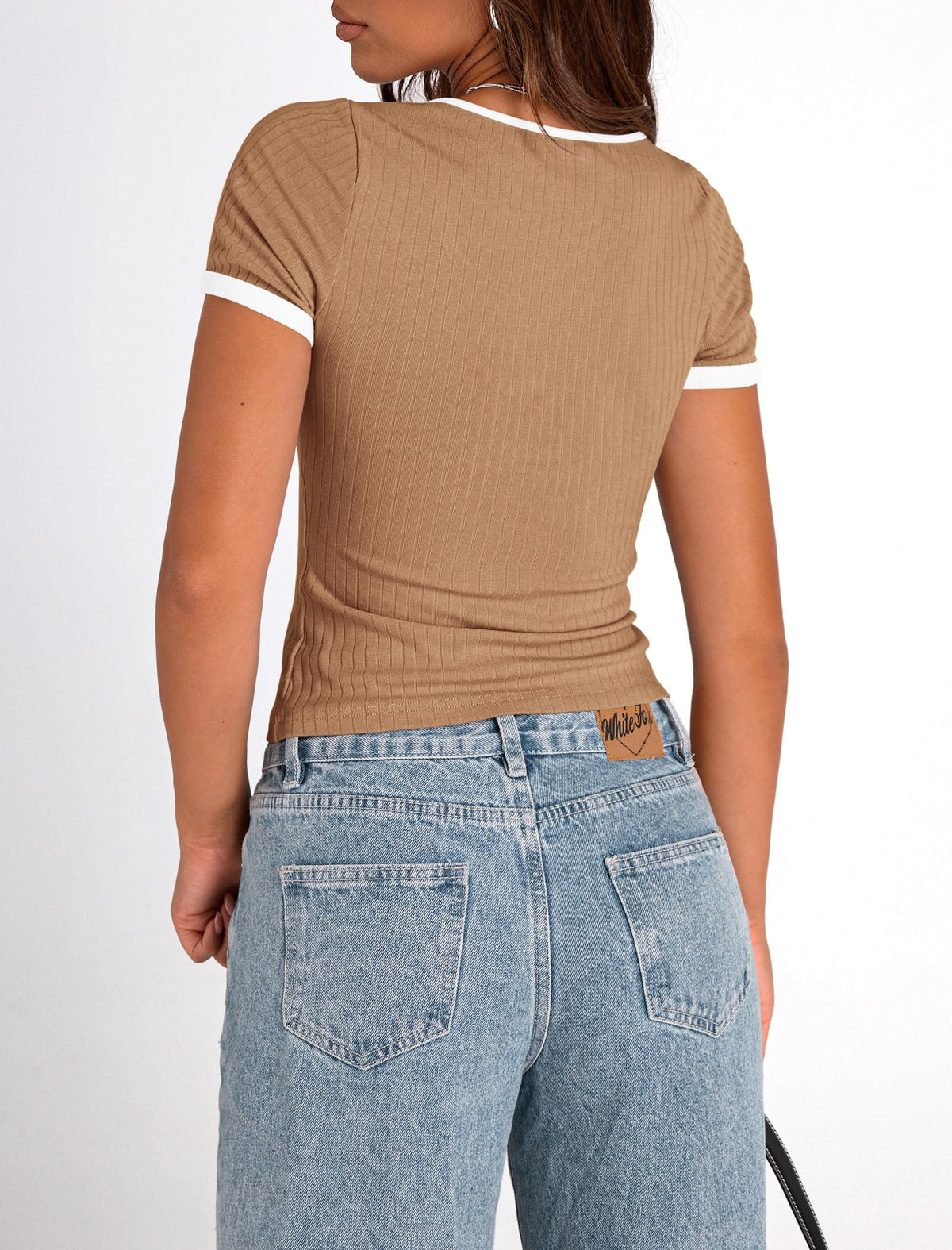 Summer Casual Short Sleeve Ribbed Knit Square Neck Color Block Slim Fit Basic Crop Tops