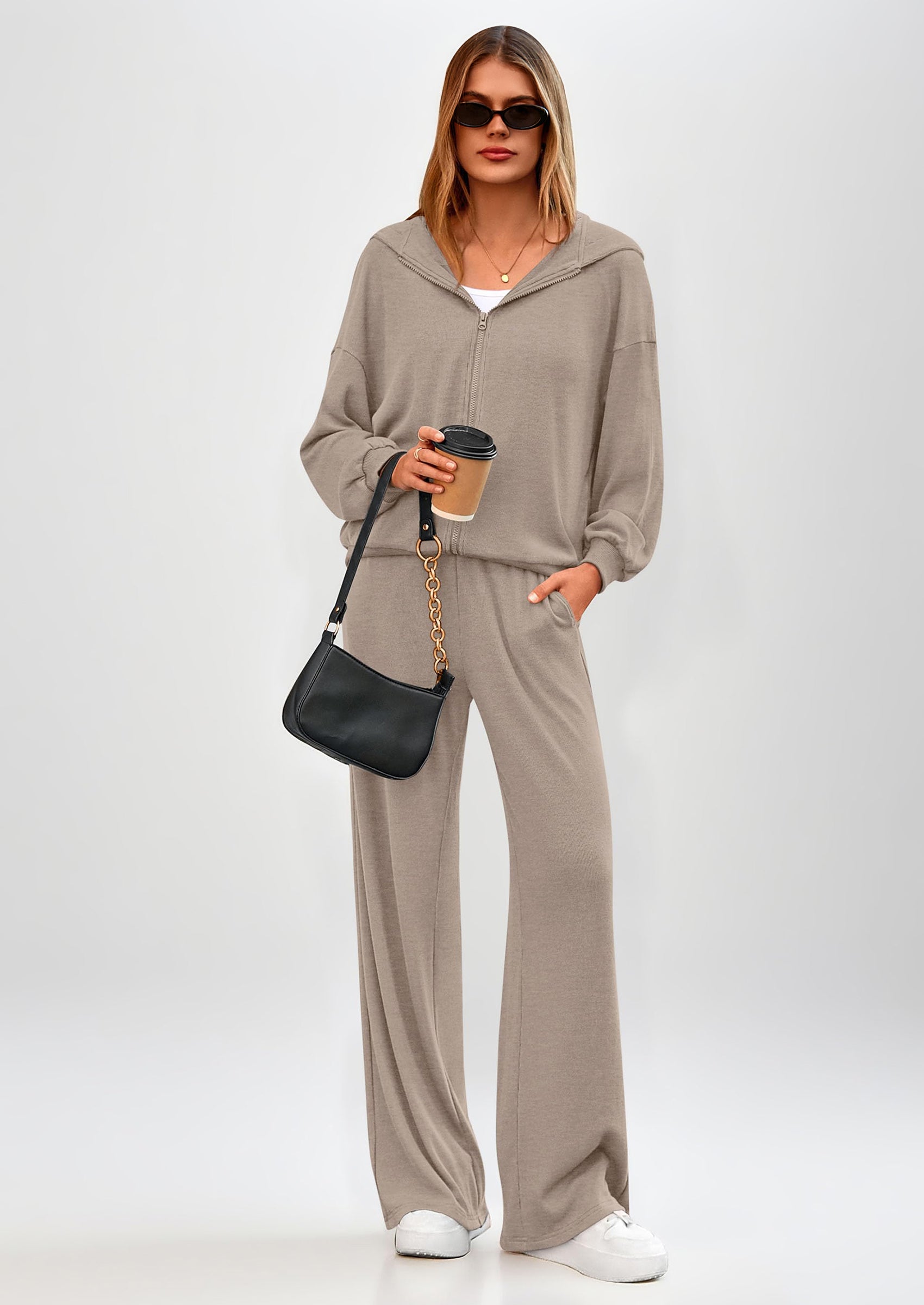 PRETTYGARDEN Women's 2 Piece Fall Lounge Sets Zip Up Hoodie Wide Leg Pants Tracksuit Matching Travel Outfits Clothes