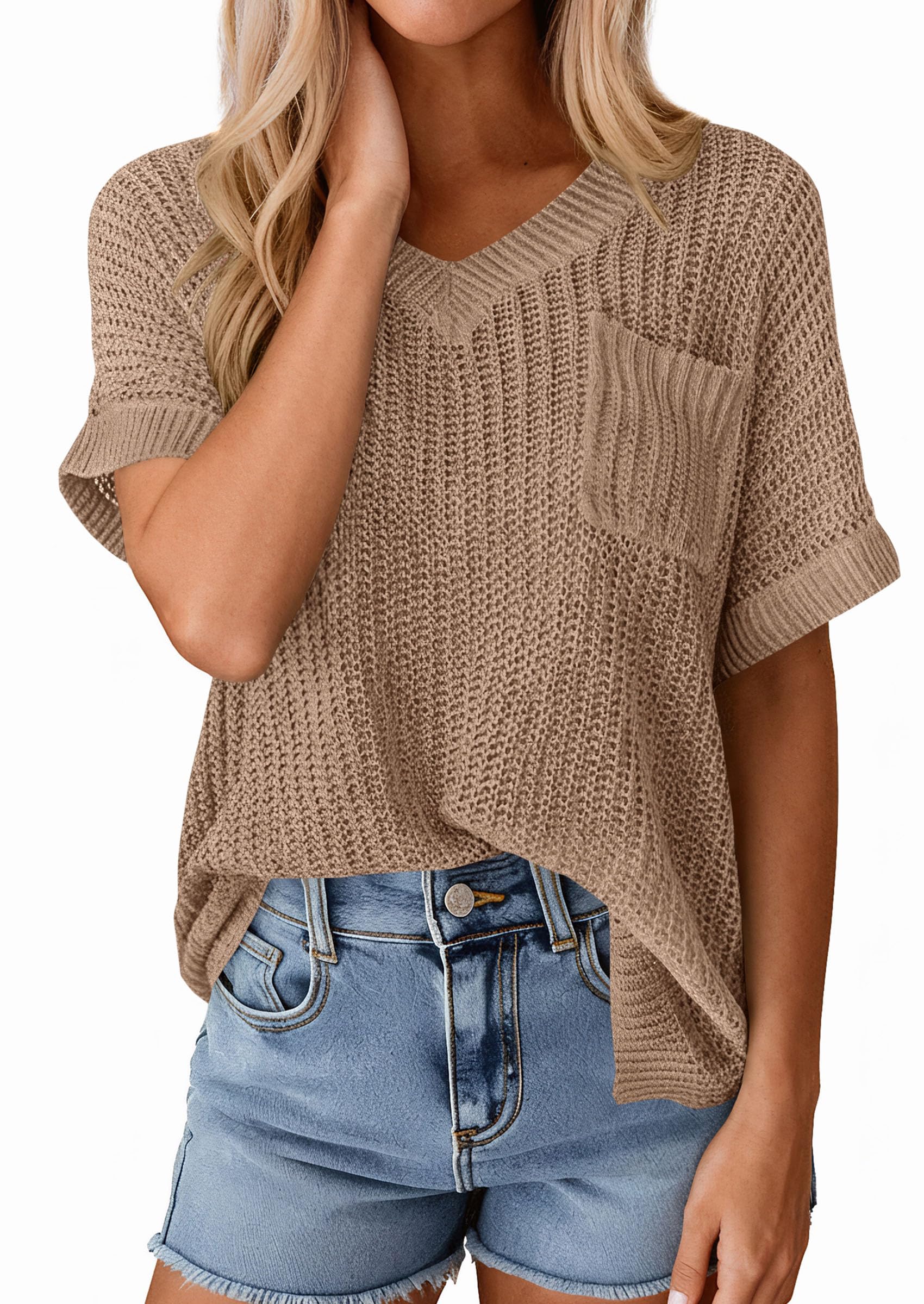 PRETTYGARDEN Women's Spring Short Sleeve Sweaters Lightweight V Neck Casual Going Out Summer T PRETTYGARDEN