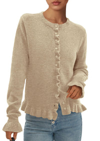 PRETTYGARDEN Womens Fall Button Down Cardigans Chunky Knit Ruffle Open Front Cropped Cardigan Sweaters Soft Long Sleeve Tops