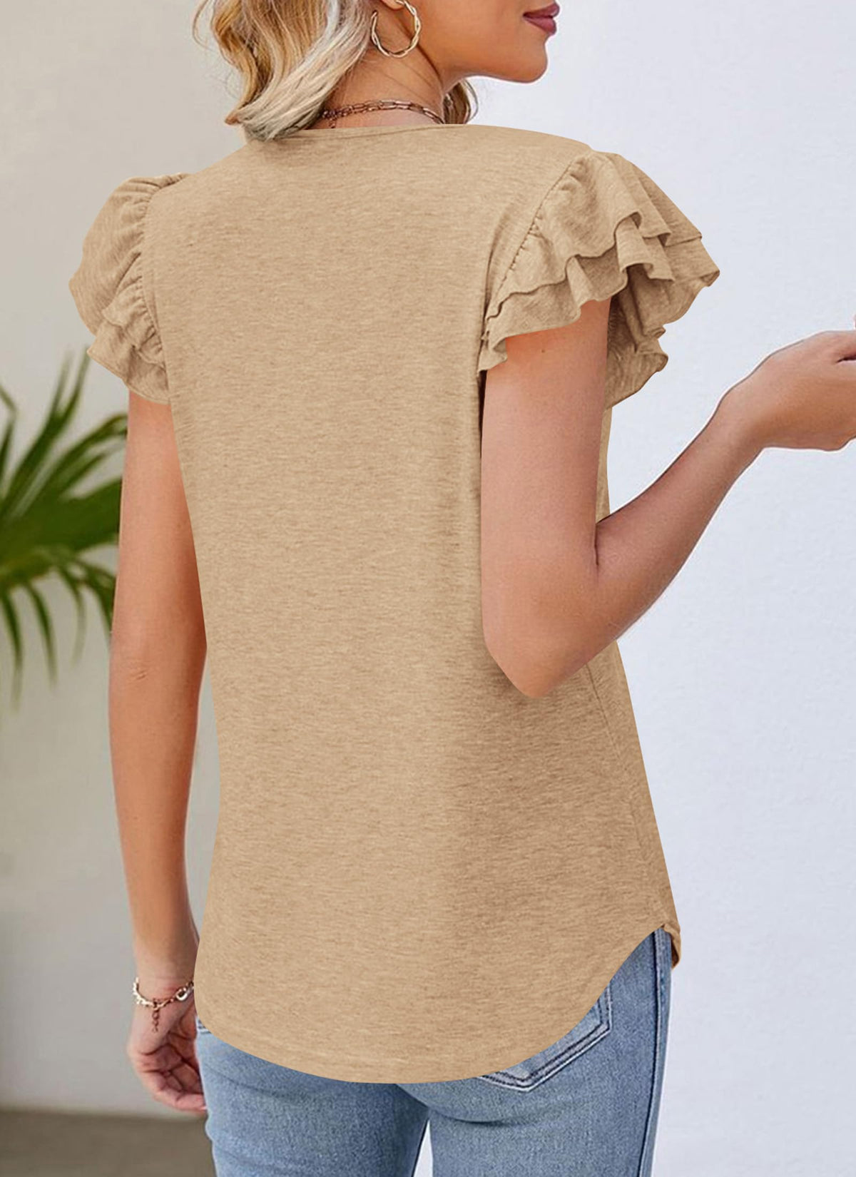 Summer Basic Casual Ruffle Short Sleeve V Neck Tops