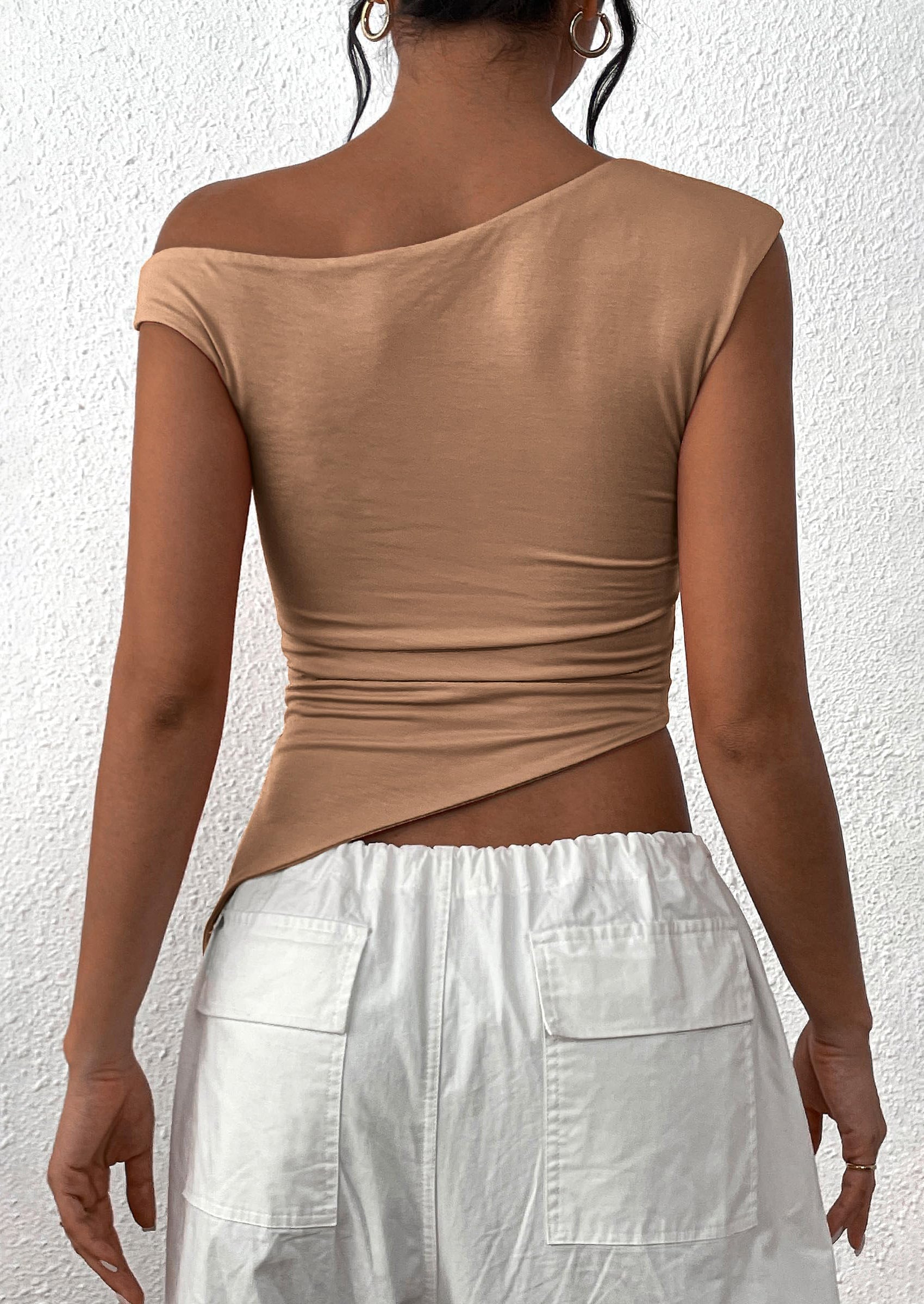 PRETTYGARDEN Womens Off The Shoulder Tops Summer Sleeveless One Shoulder Ruched Asymmetrical Y2K Going Out Crop Tank Top