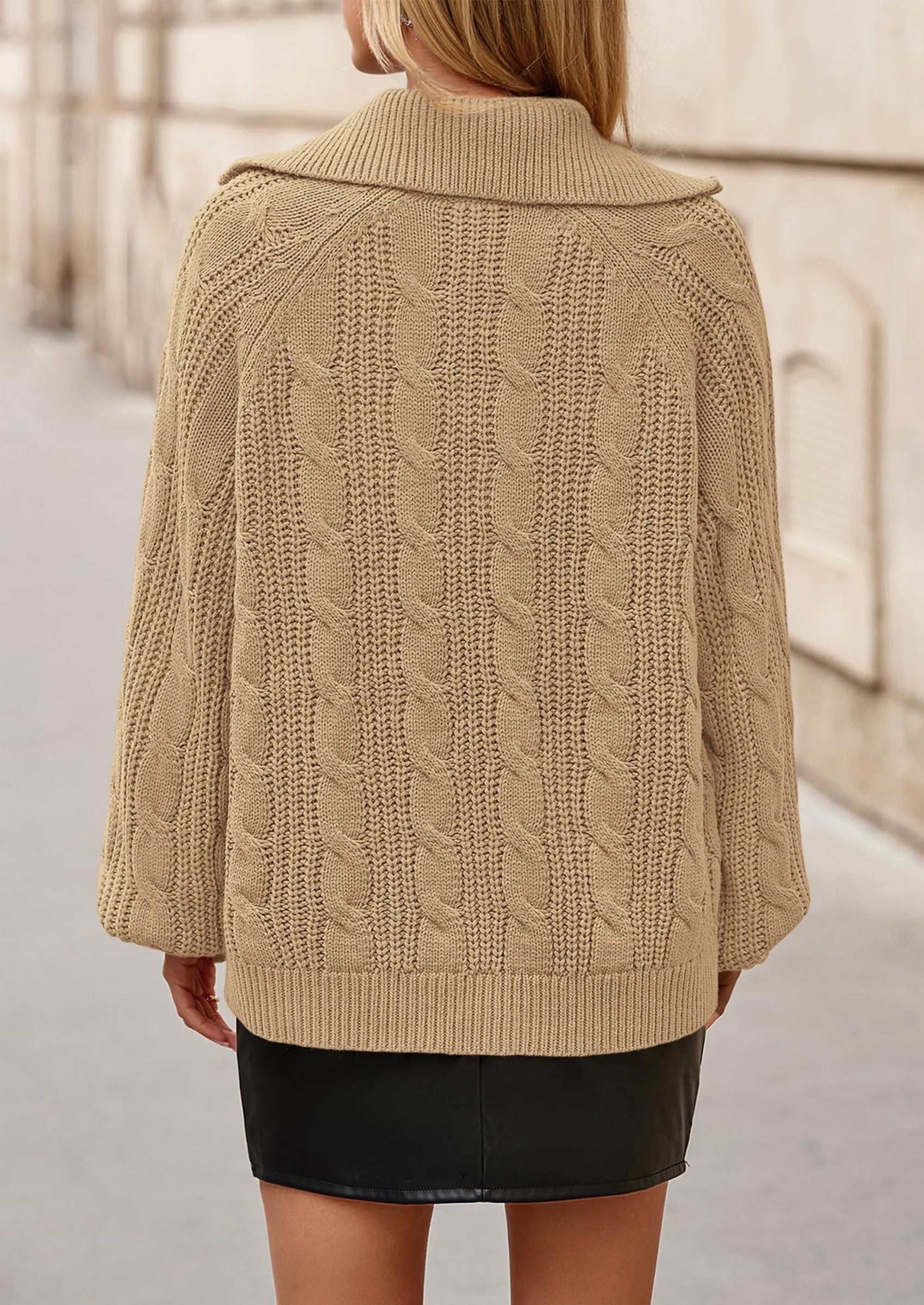 BTFBM Sweaters for Women Fall Fashion Loose Quarter Zip Pullover Collared Long Sleeve Cable Knit Winter Clothes