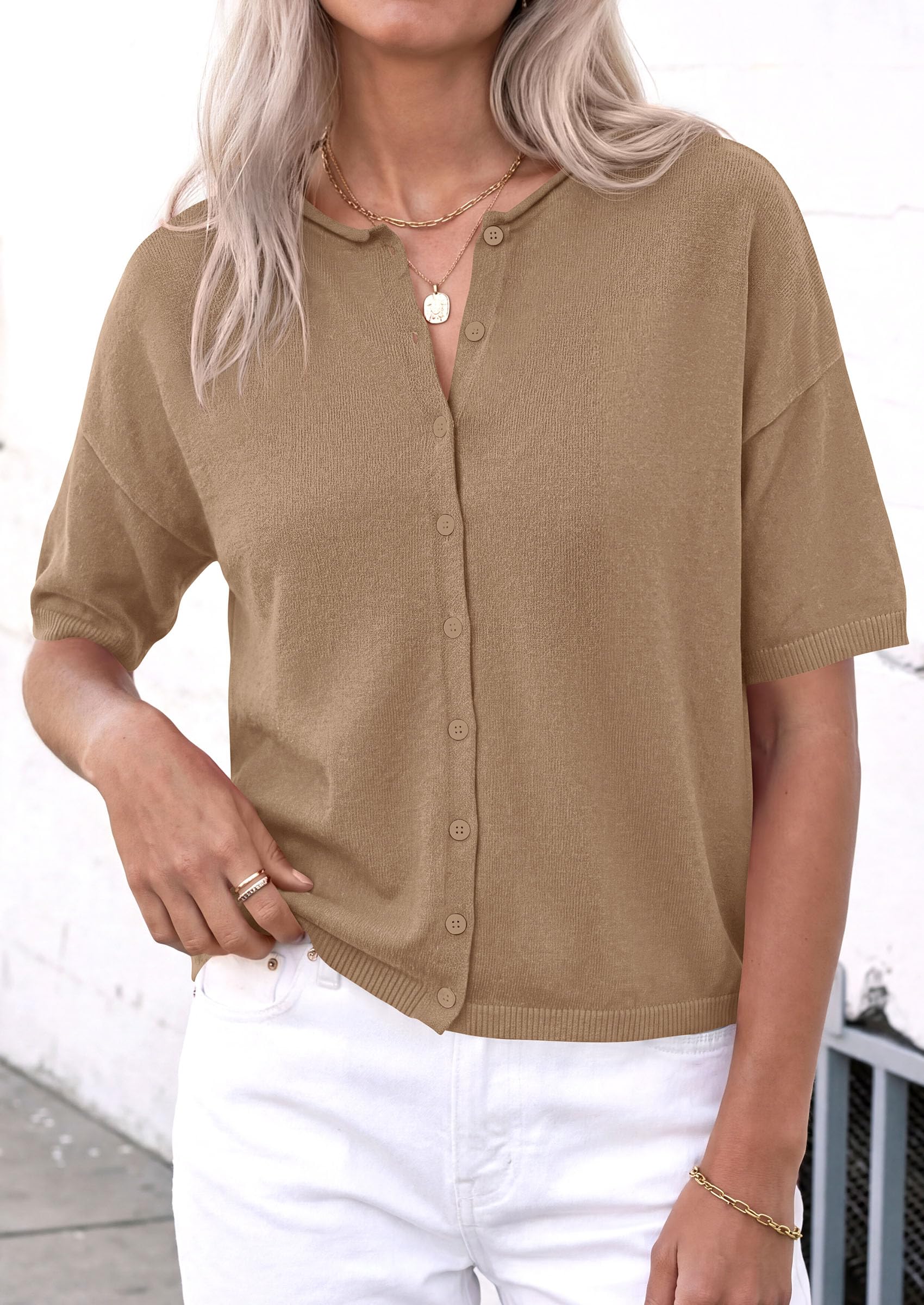 PRETTYGARDEN Women Spring Short Sleeve Cardigan Sweaters Button Down Knit Shirt Blouse Dressy Casual Tops Summer Outfits PRETTYGARDEN