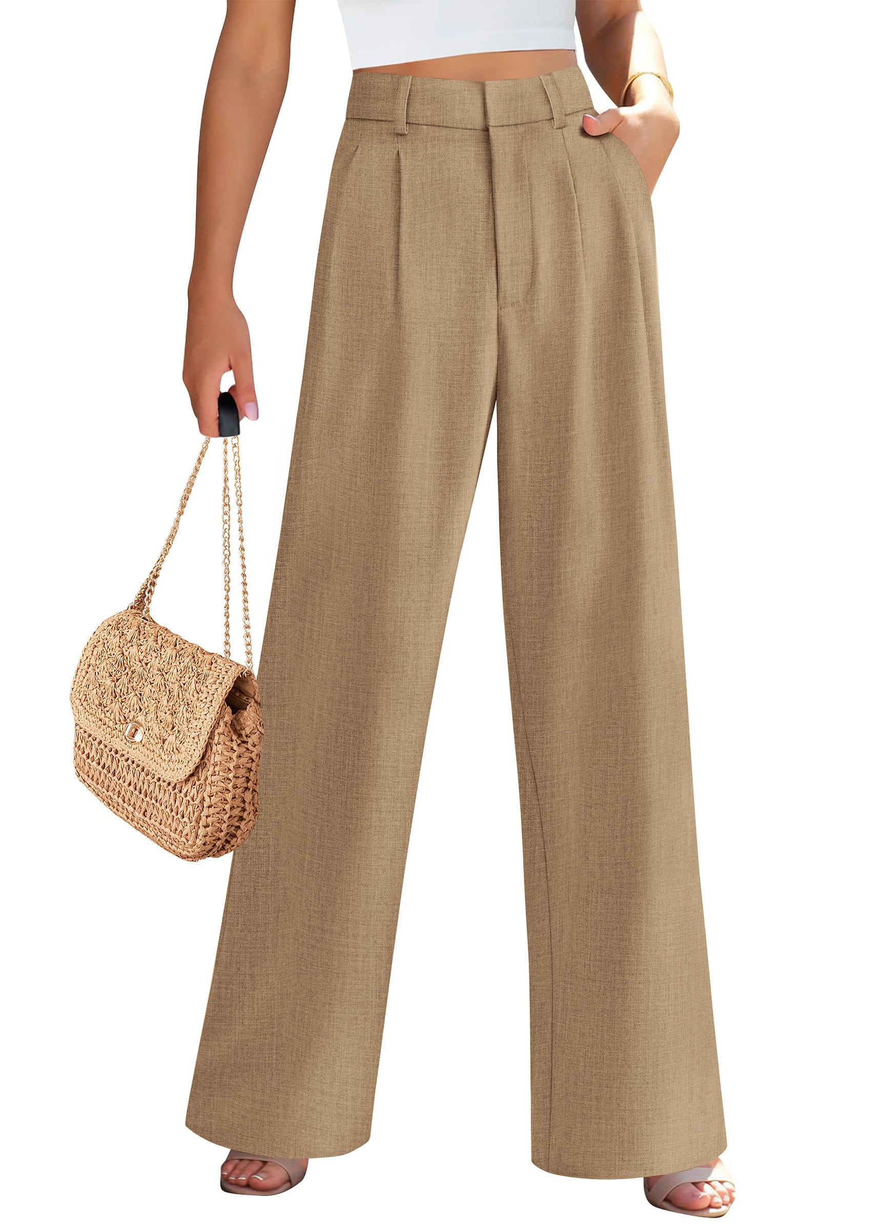 PRETTYGARDEN Women's Summer Elastic High Waisted Work Pants Straight Leg Dressy Business Casual Trousers Slacks Pockets