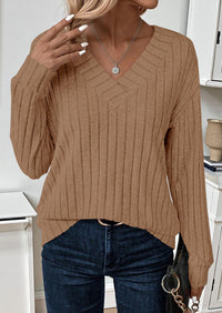 PRETTYGARDEN Fall Fashion Long Sleeve Shirts for Women Ribbed Knit V Neck Dressy Casual Lightweight Sweaters Tunic Tops