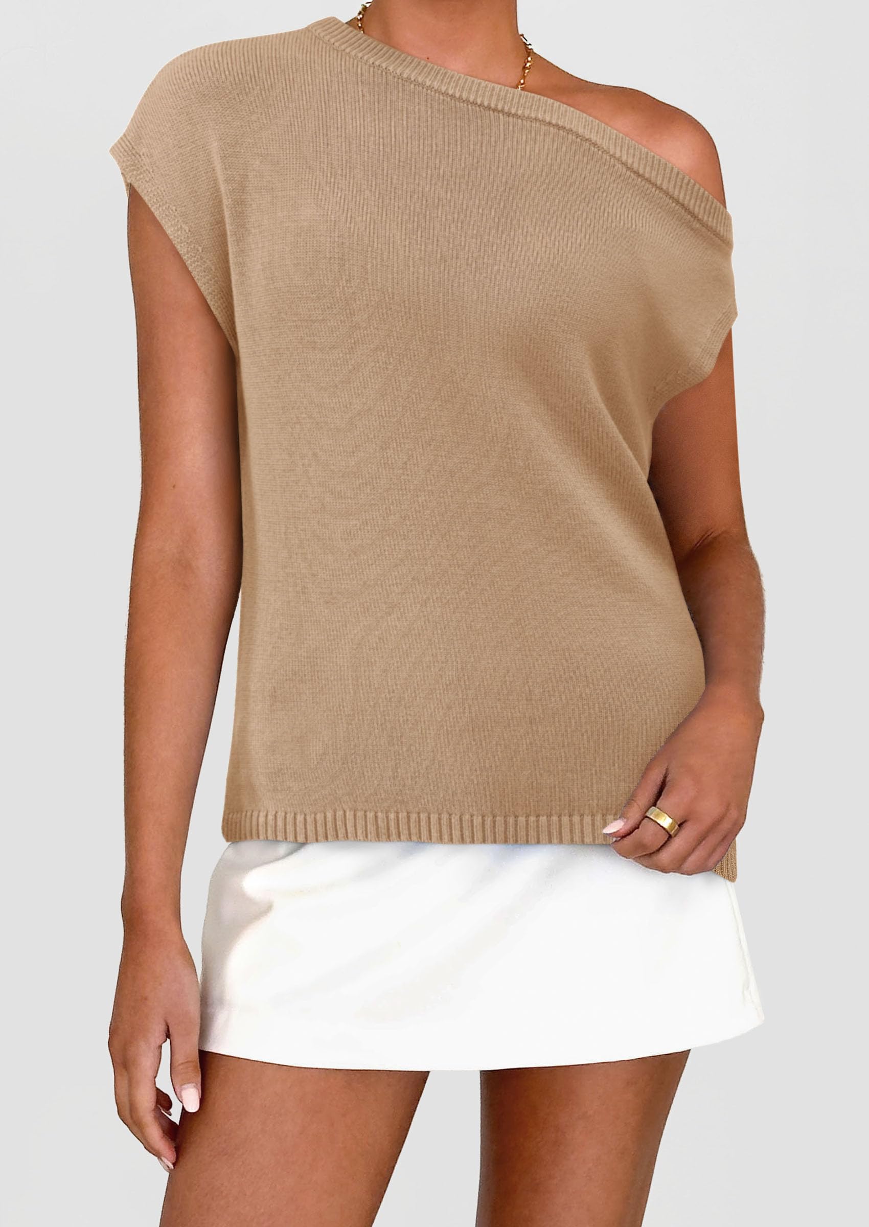 PRETTYGARDEN Womens Off The Shoulder Tops Summer Casual Short Sleeve Tunic T Shirts Lightweight Knit Sweaters