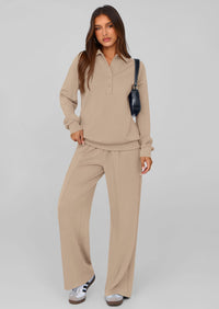PRETTYGARDEN Women Fall 2 Piece Outfits Sweatsuits Quarter Button Long Sleeve Sweatshirt Wide Leg Pants Tracksuit Lounge Sets