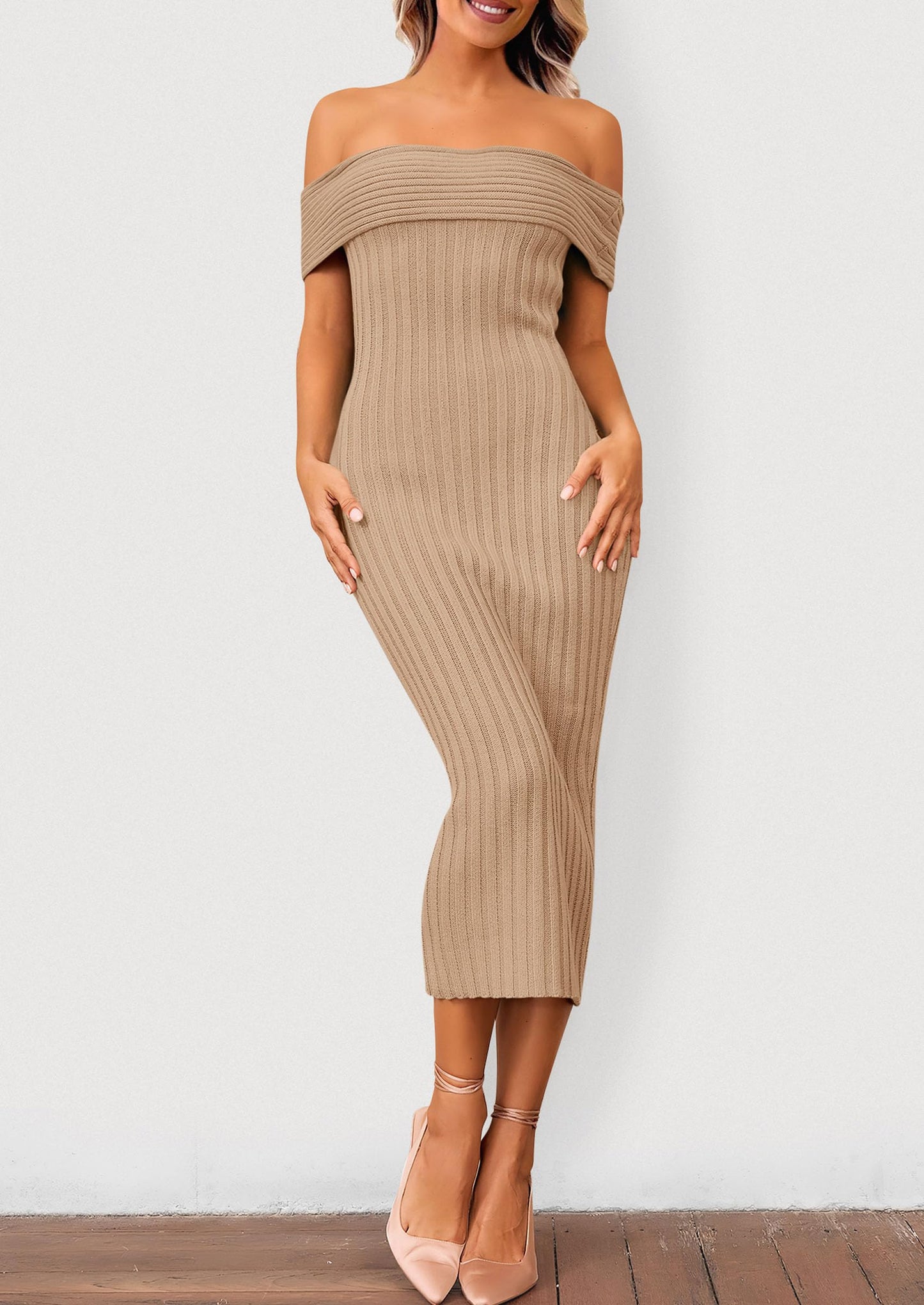 Women's Off The Shoulder Sweater Dresses 2025 Summer Elegant Ribbed Knit Midi Bodycon Wedding Guest Dress