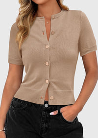 PRETTYGARDEN Womens Casual Summer Short Sleeve Cardigans Button Down Knitted Sweater Basic Crew Neck Crop Tops