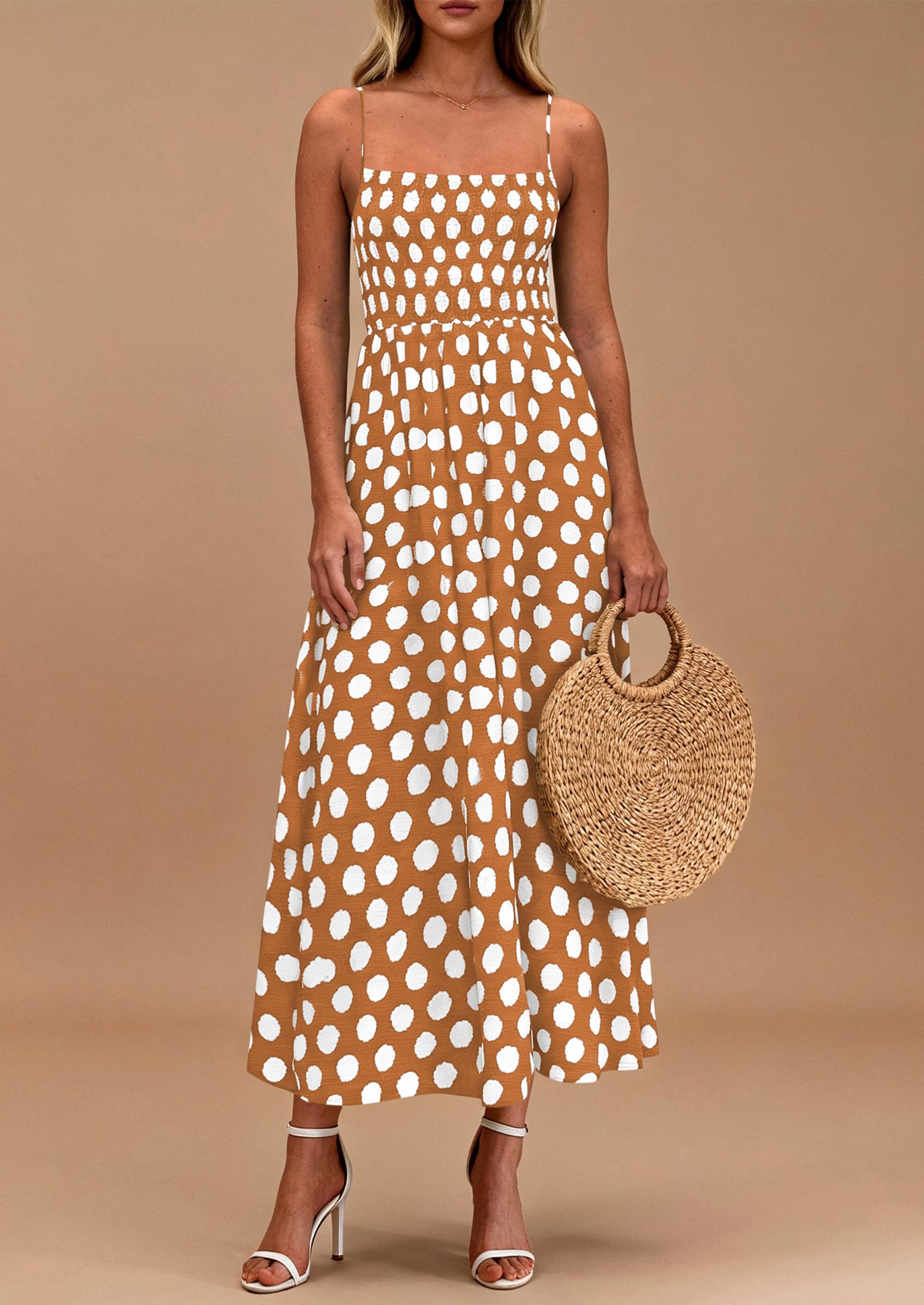 PRETTYGARDEN Womens Summer Dresses Spring Sleeveless Spaghetti Straps Casual Midi Dress Polka Dot Smocked Beach Sundress PRETTYGARDEN