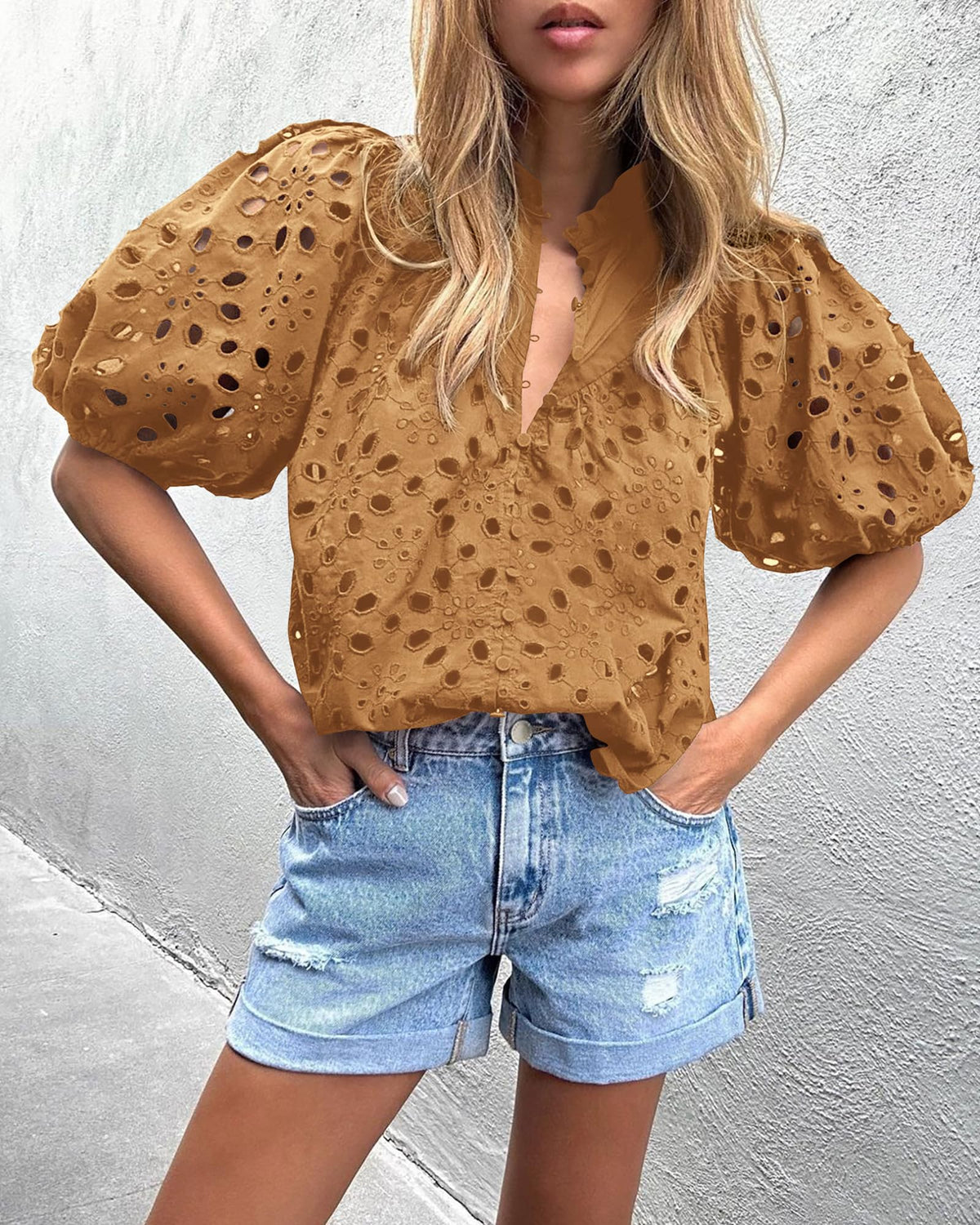 Casual Short Lantern Sleeve V Neck Buttons Hollow Out Lace Embroidered Blouses