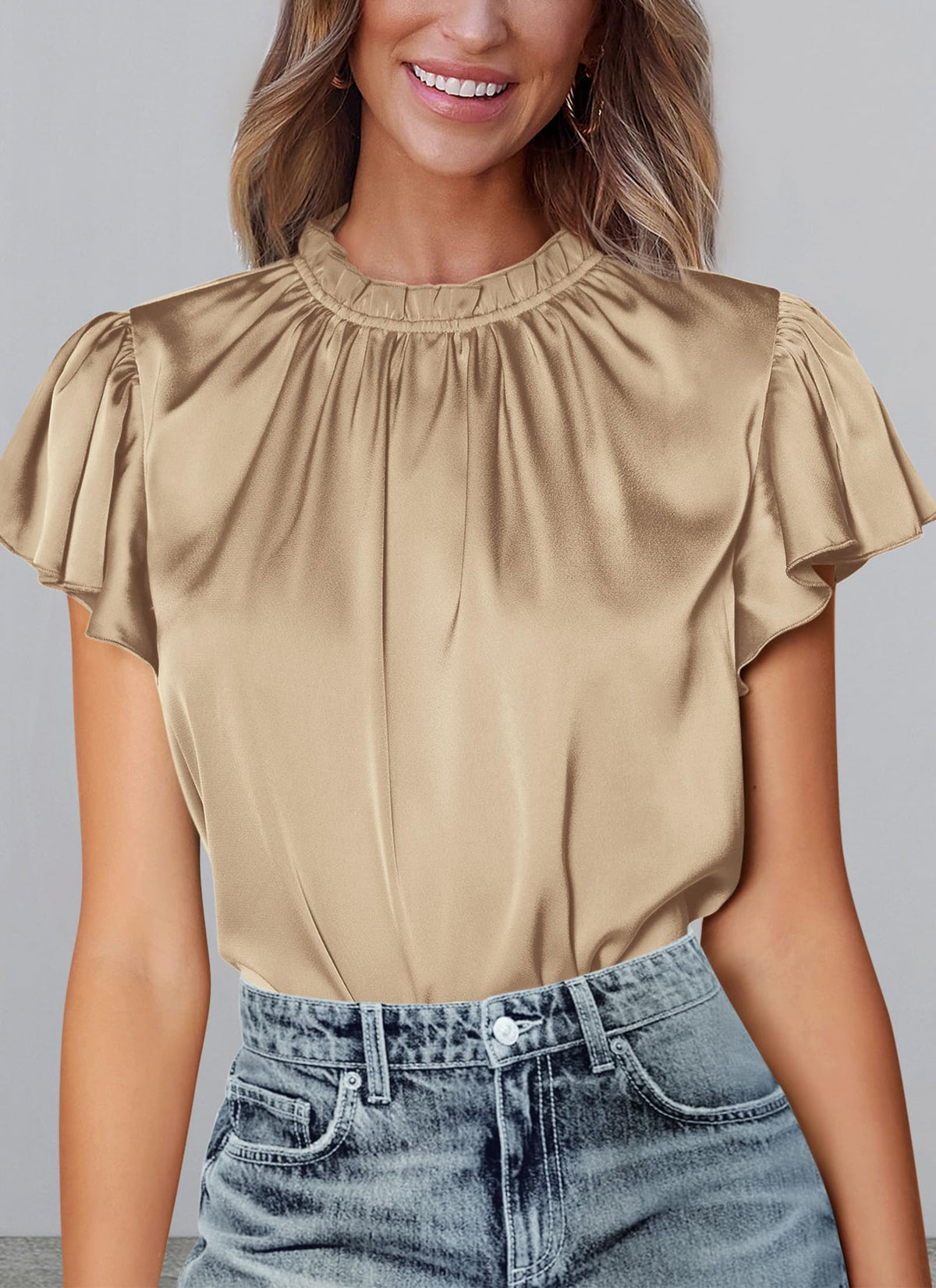 Summer Satin Blouse Shirt Dressy Casual Ruffle Short Sleeve Crewneck Work Party Tops