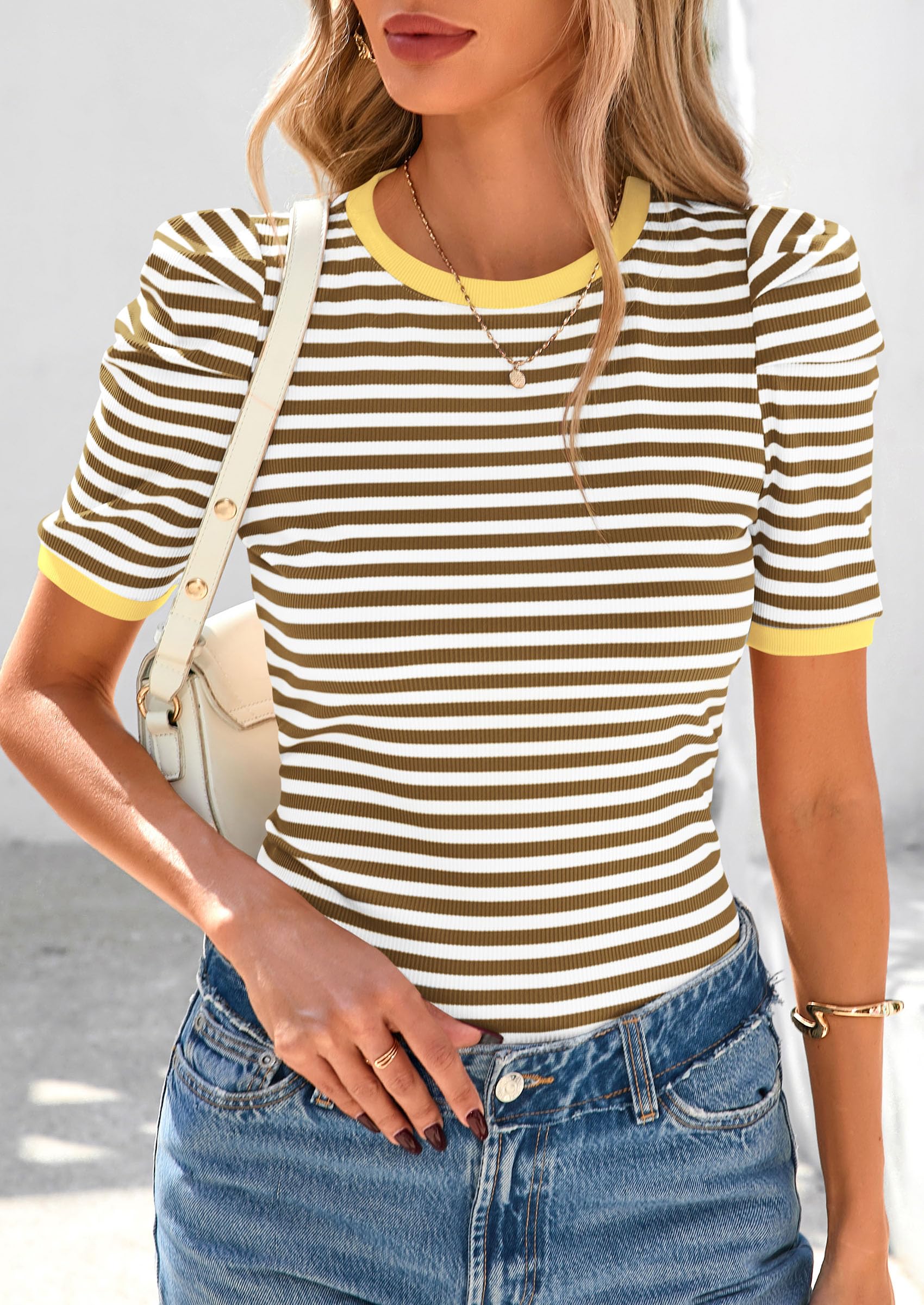 PRETTYGARDEN Women's Summer Puff Sleeve Tops Casual Ribbed Knit Crop Top Color Block Trendy Crewneck Striped Shirts