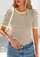 Women's Summer Puff Sleeve Casual Ribbed Knit Color Block Trendy Striped Pullover T-shirts